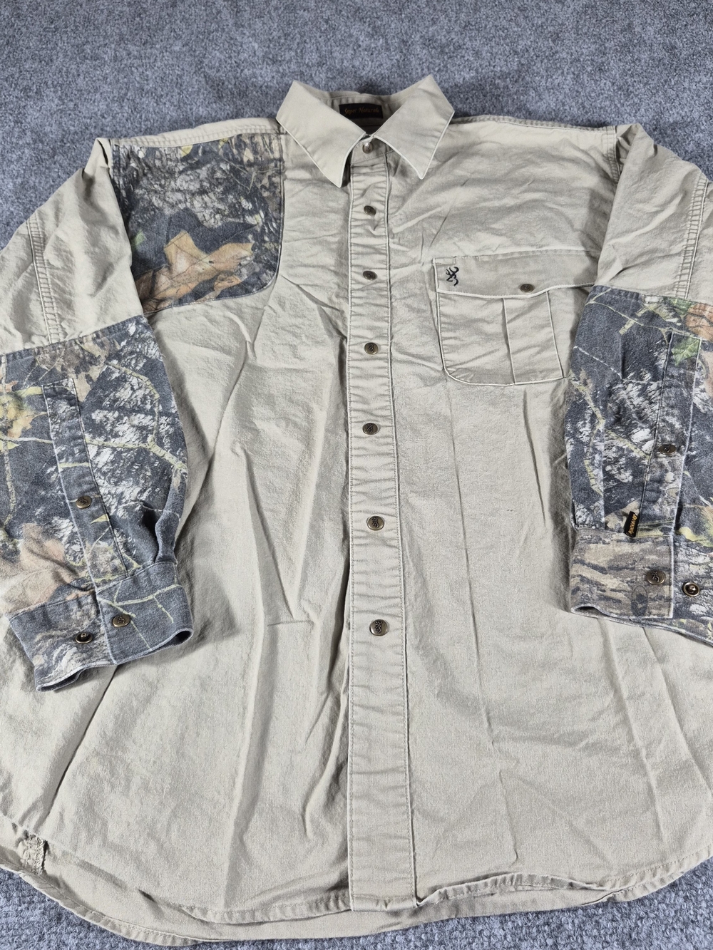 Browning Super Natural Hunting Shirt Mens Long Sleeve Snap Khaki Camo Large
